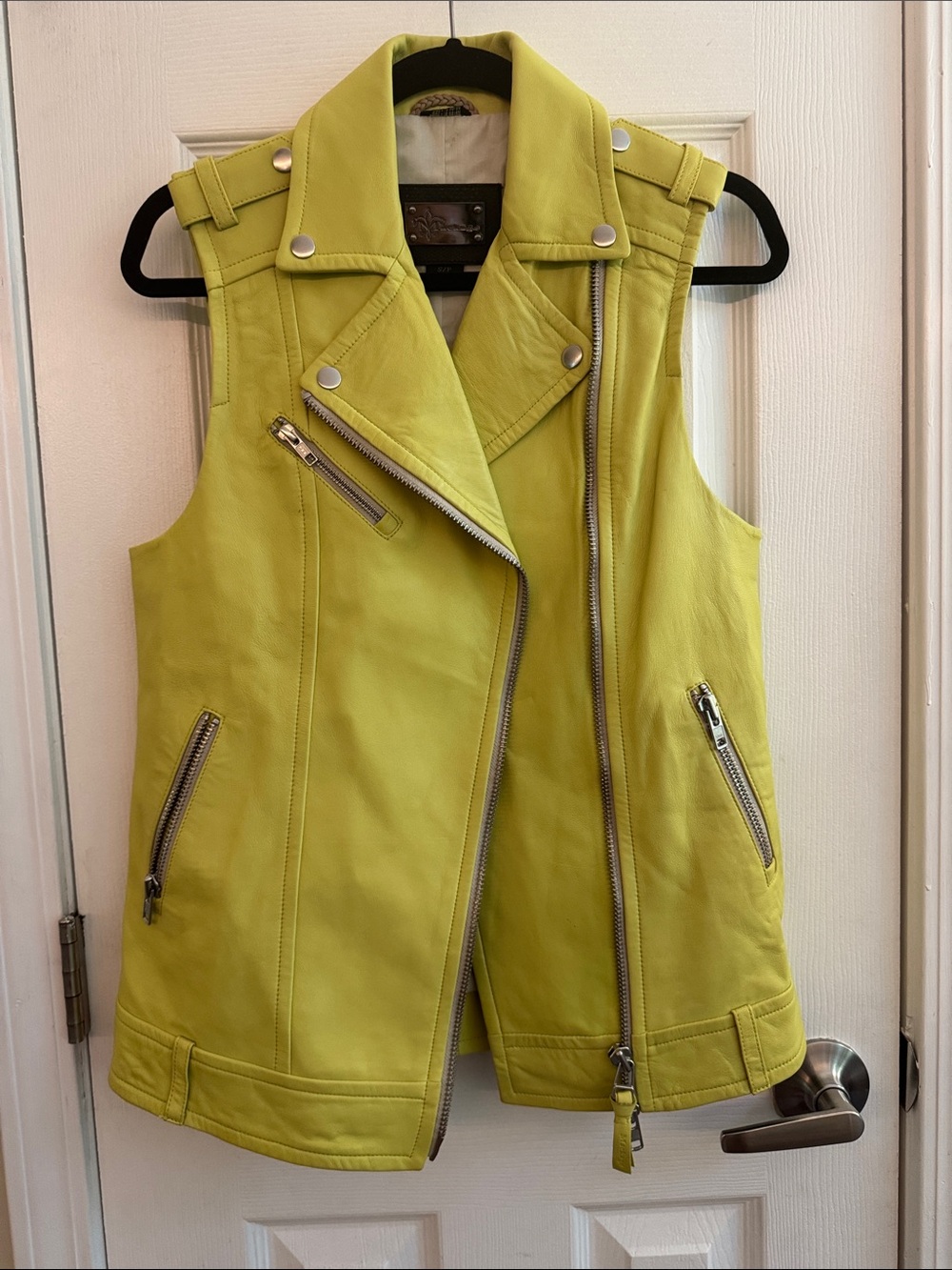 MACKAGE Fredrica Lamb Leather Moto Vest Lime Yellow Size Small